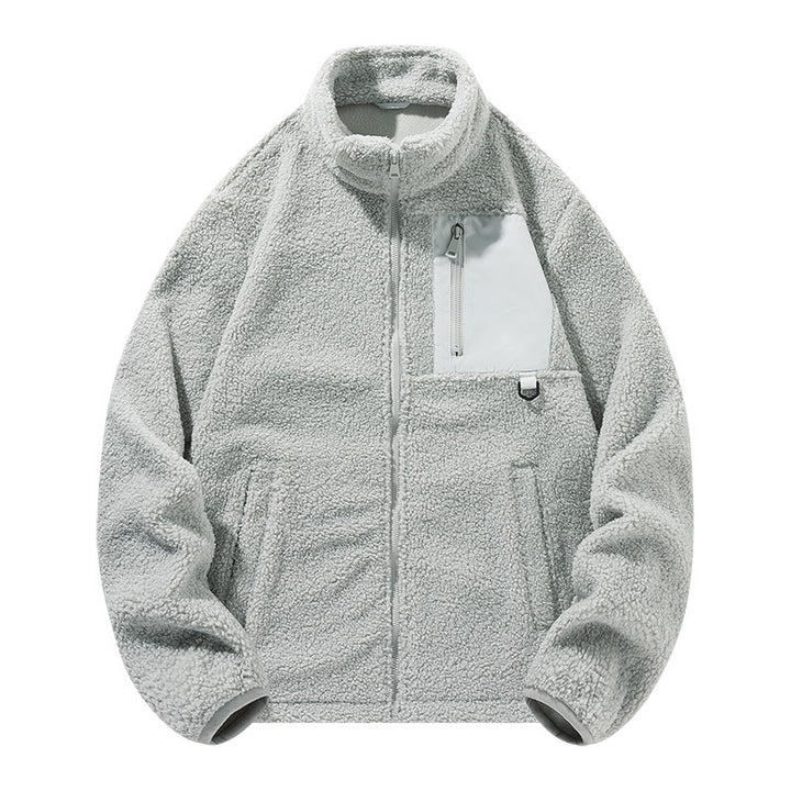 Unisex fleece jacket with stand-up collar and pockets
