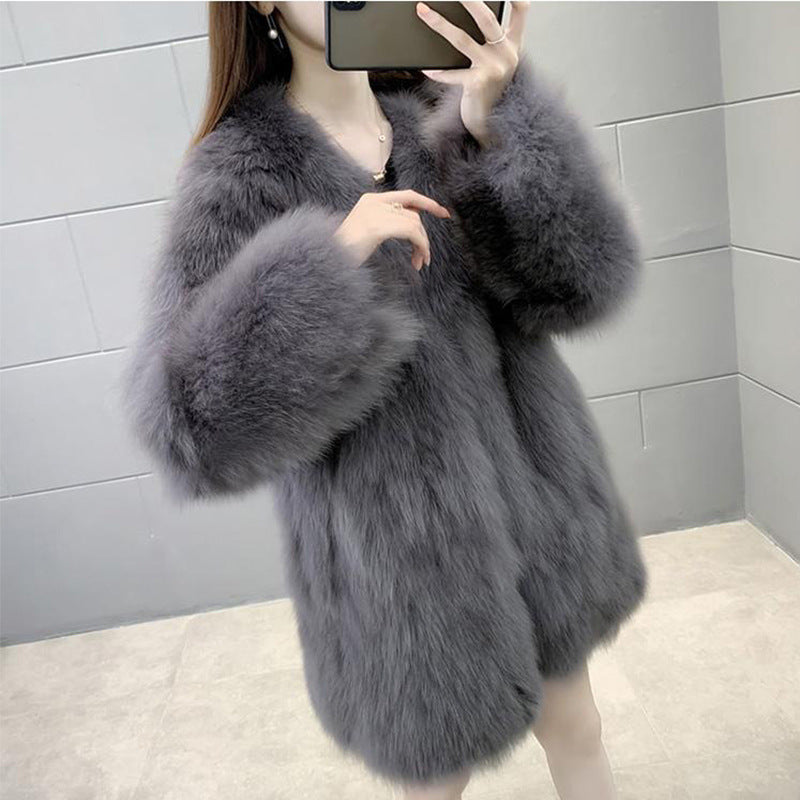 Women's Faux Fur Coat, Mid-Length, V-Neck