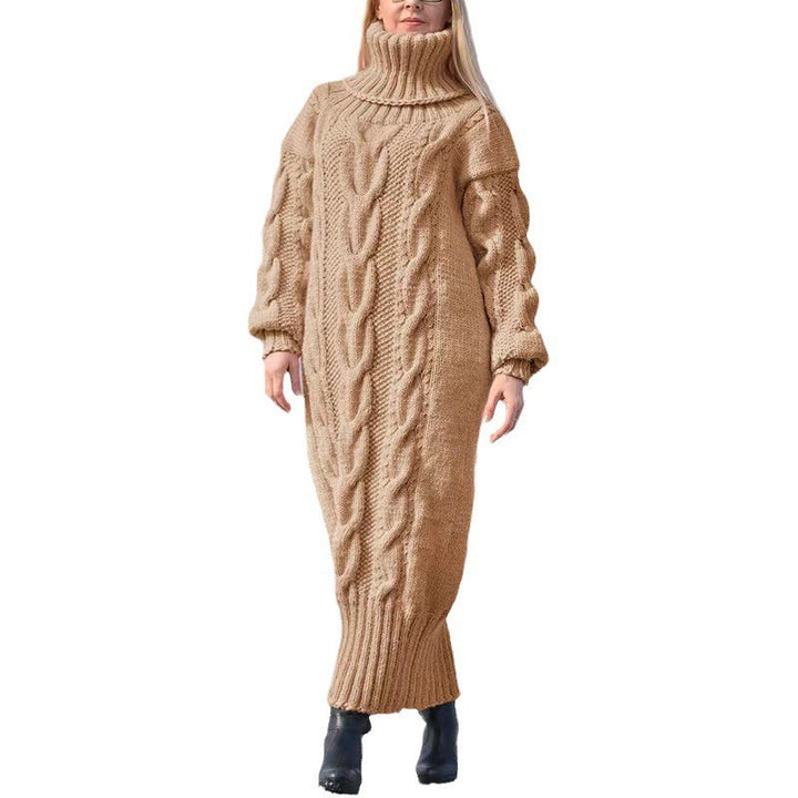 Long women's turtleneck sweater with cable pattern