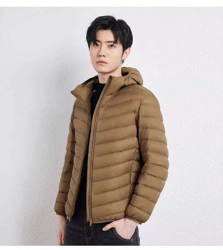 Light men's down jacket with hood