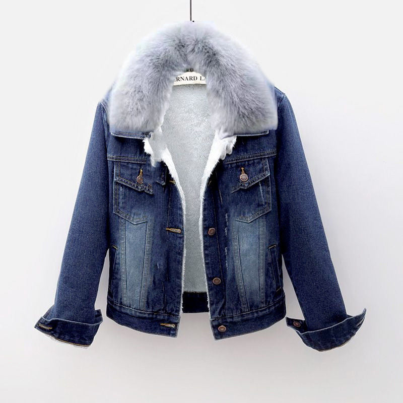 Padded women's denim jacket with detachable hood