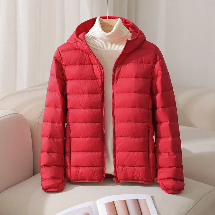 Light women's down jacket, short, with hood