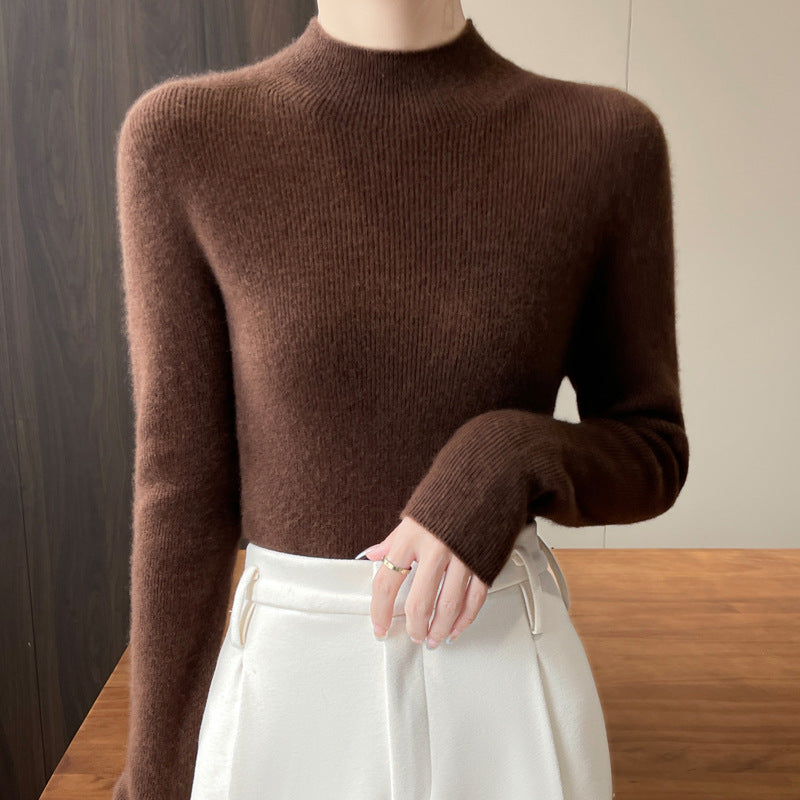 Women's knitted pullover with stand-up collar, fitted