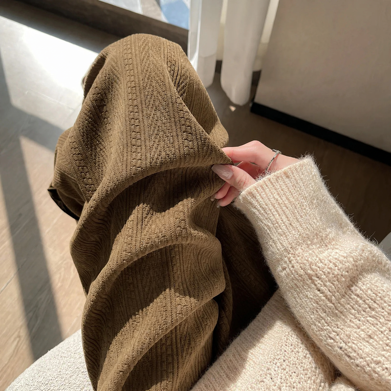 Fleece-lined cord wide leg pants for women