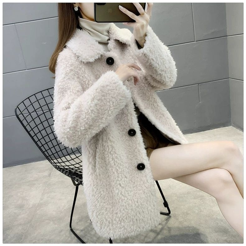 Sheepskin-look coat, mid-length, lined, women's