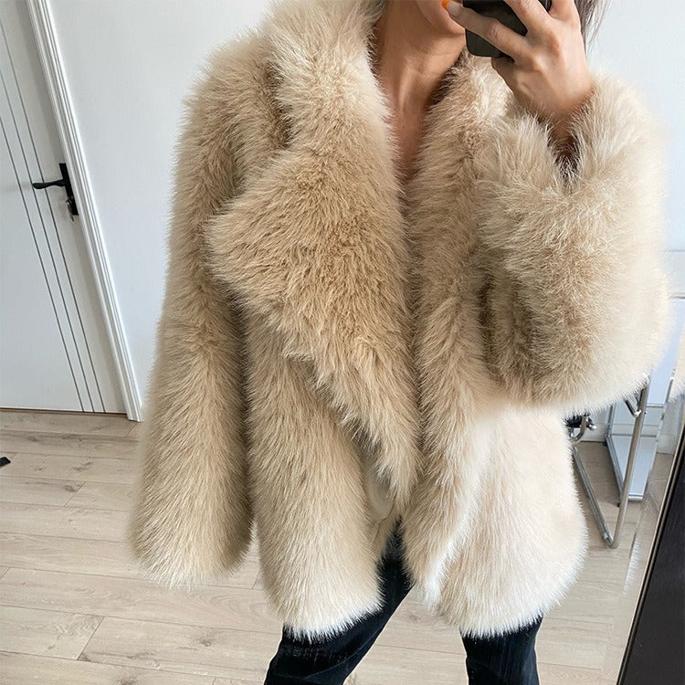 Mid-length faux fur coat with large lapels