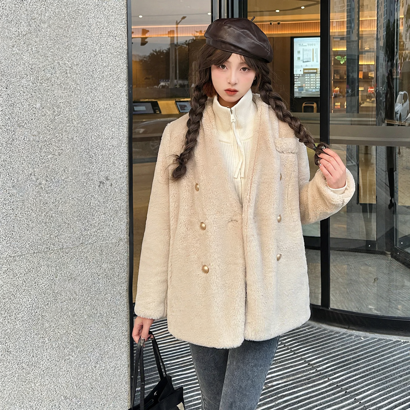 Women's plush jacket with V-neck, warm and windproof