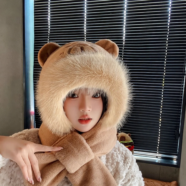 Plush hooded scarf with animal design, lined