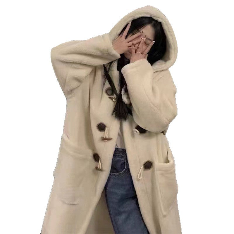 Women’s Lambskin Imitation Coat with Toggle Buttons and Hood