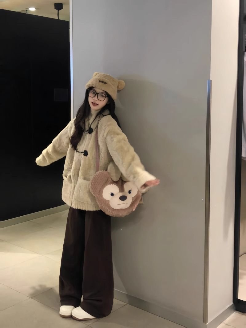 Lambswool imitation coat, padded, loose fit