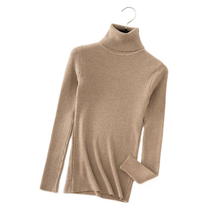 Women's knitted sweater with high collar, fitted