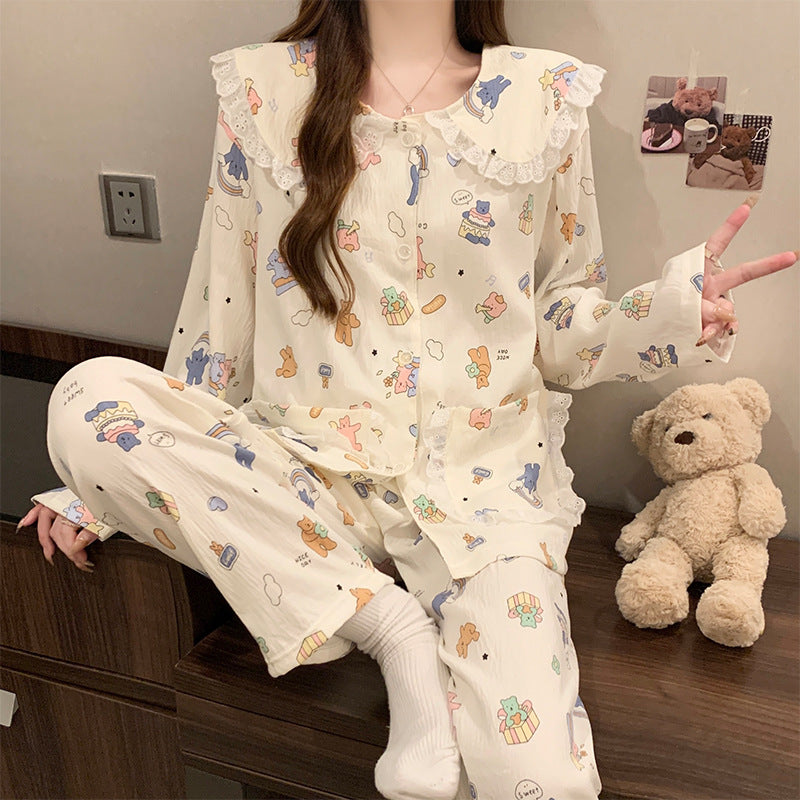 Women's pajamas, long, with lace collar