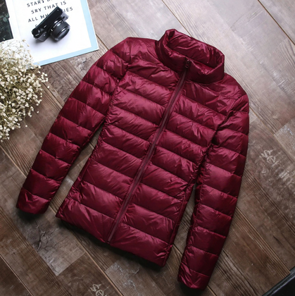 Short women's down jacket, white duck down lining, stand collar