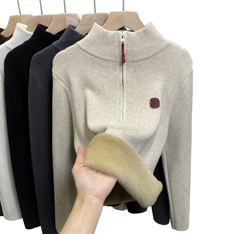 Ladies' sweater with stand-up collar and fleece lining