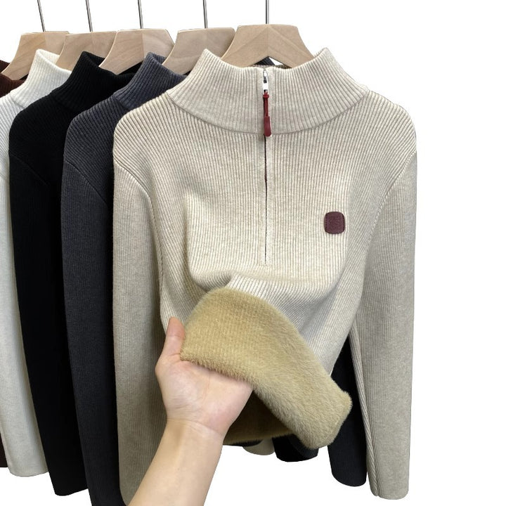 Ladies' sweater with stand-up collar and fleece lining