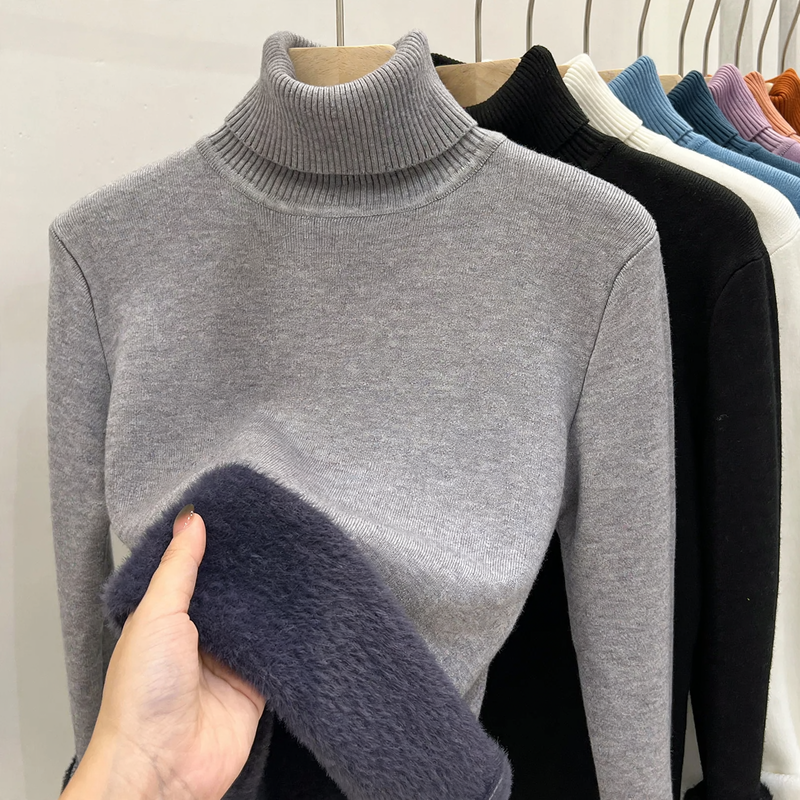 Men's knit sweater with fleece lining and stand-up collar