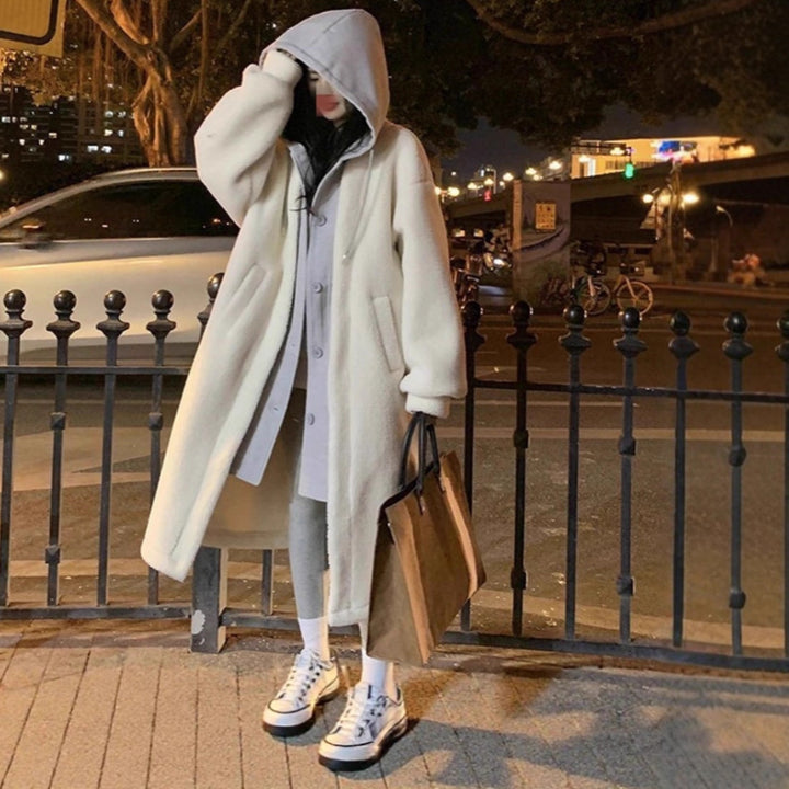 Long lamb fleece coat with hood, elegant