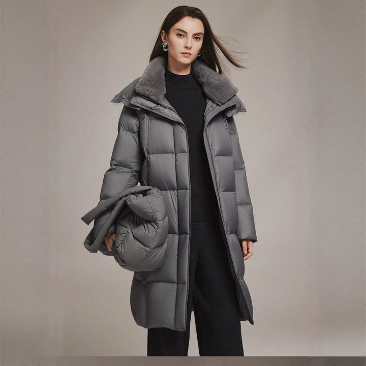 Long women's down coat with lambskin collar