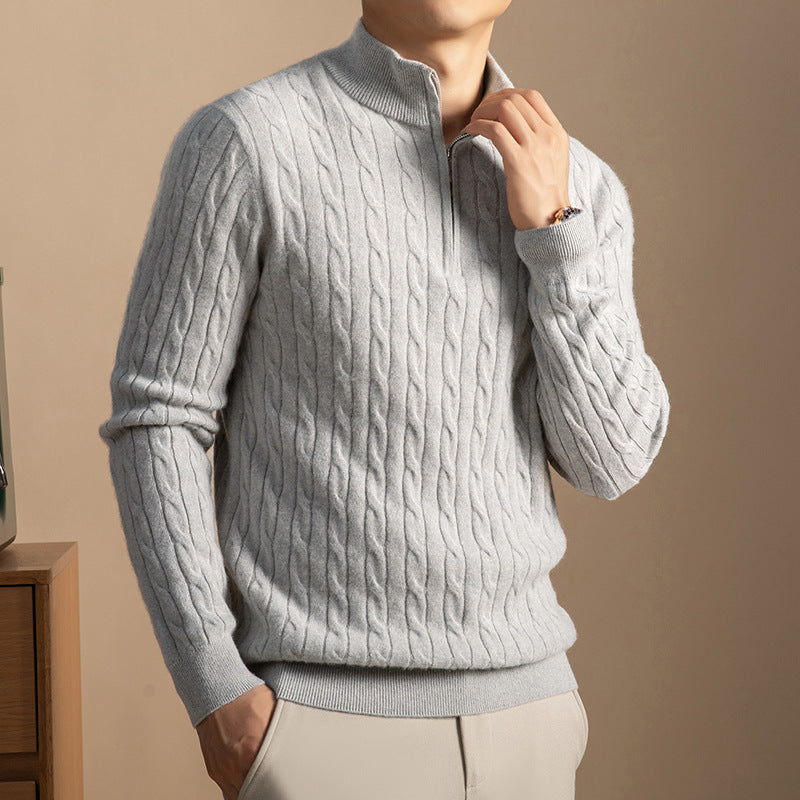 Men's cashmere pullover with zipper, thick