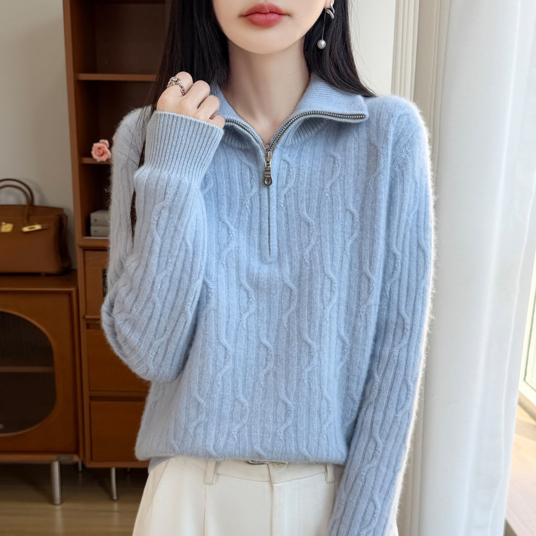Women's wool pullover with zipper and cable pattern