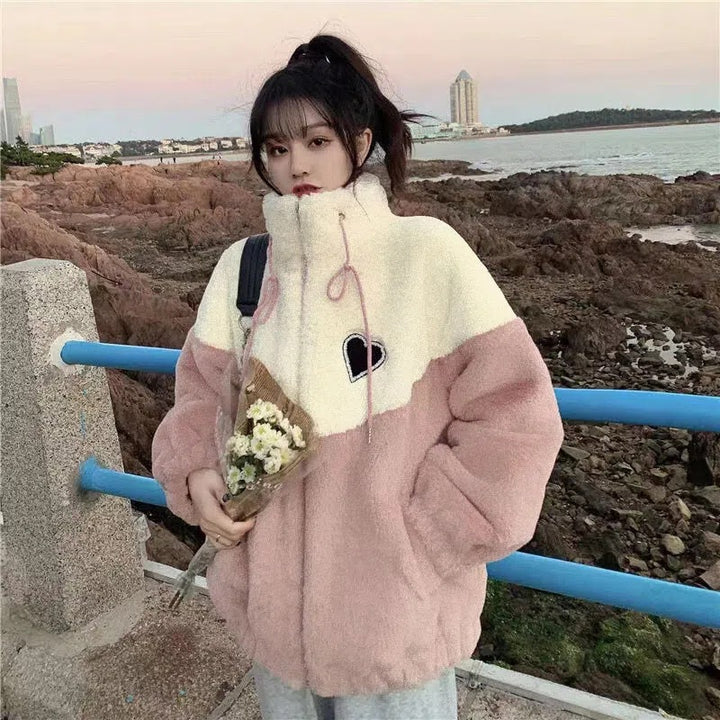 Lamb fleece jacket for women, loose fit, patchwork design