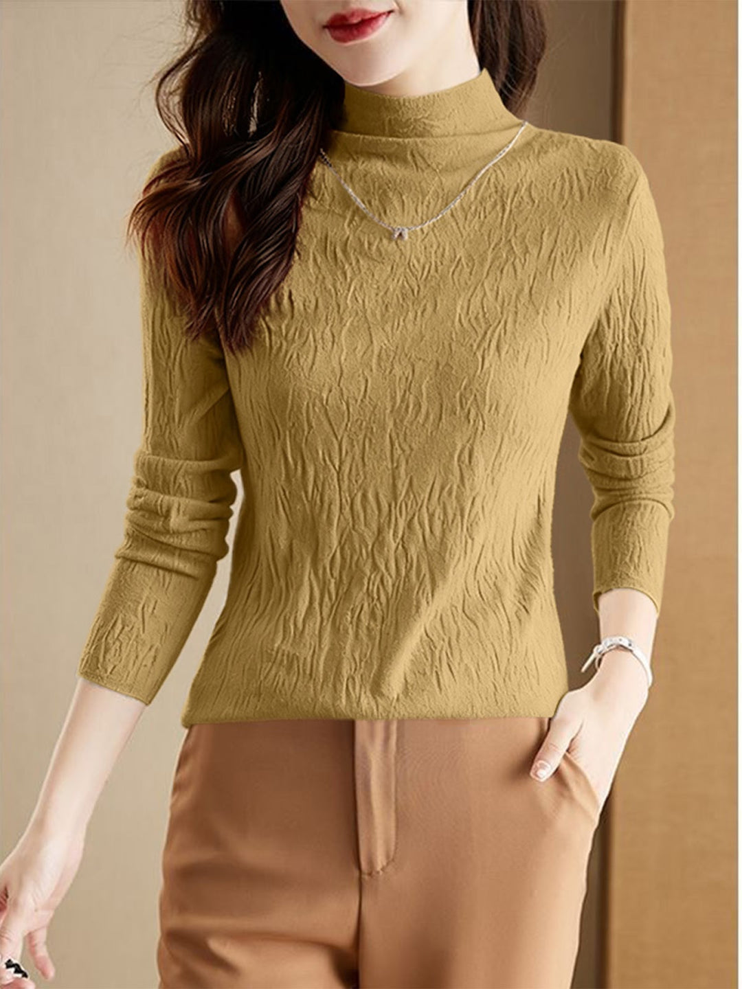 Women's wool sweater with stand-up collar, textured