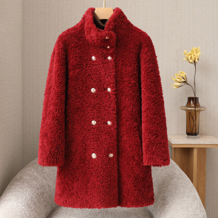 Women's wool coat with stand-up collar and double-breasted button placket