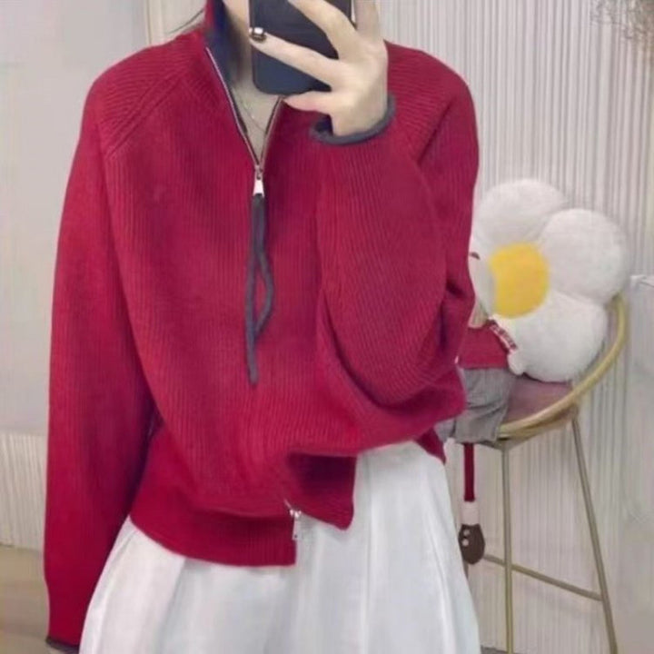 Women's cardigan with zipper and color block design