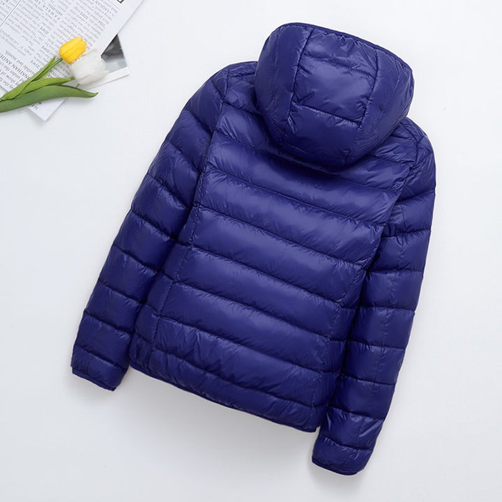 Light women's quilted jacket, short, with hood