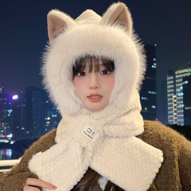 Combined hat with scarf, lined, with ear protection