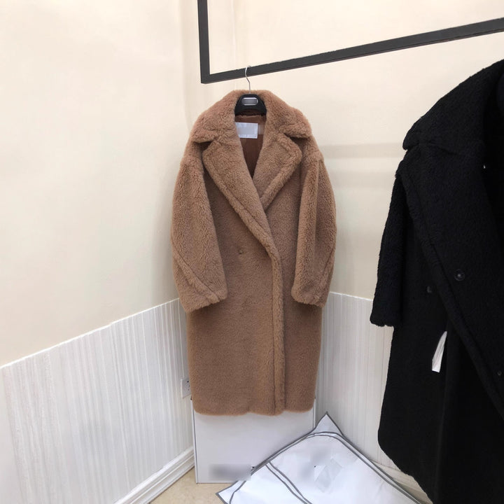 Women's teddy coat made of alpaca wool, mid-length