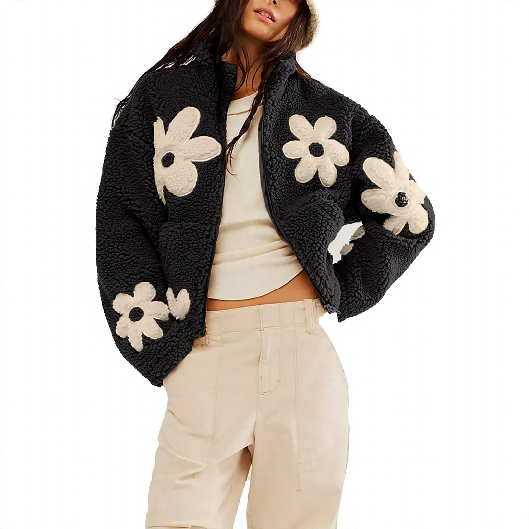 Faux fur cardigan with floral embroidery