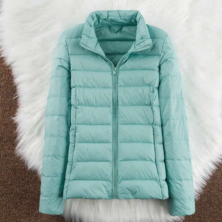 Light women's down jacket with hood and standing collar