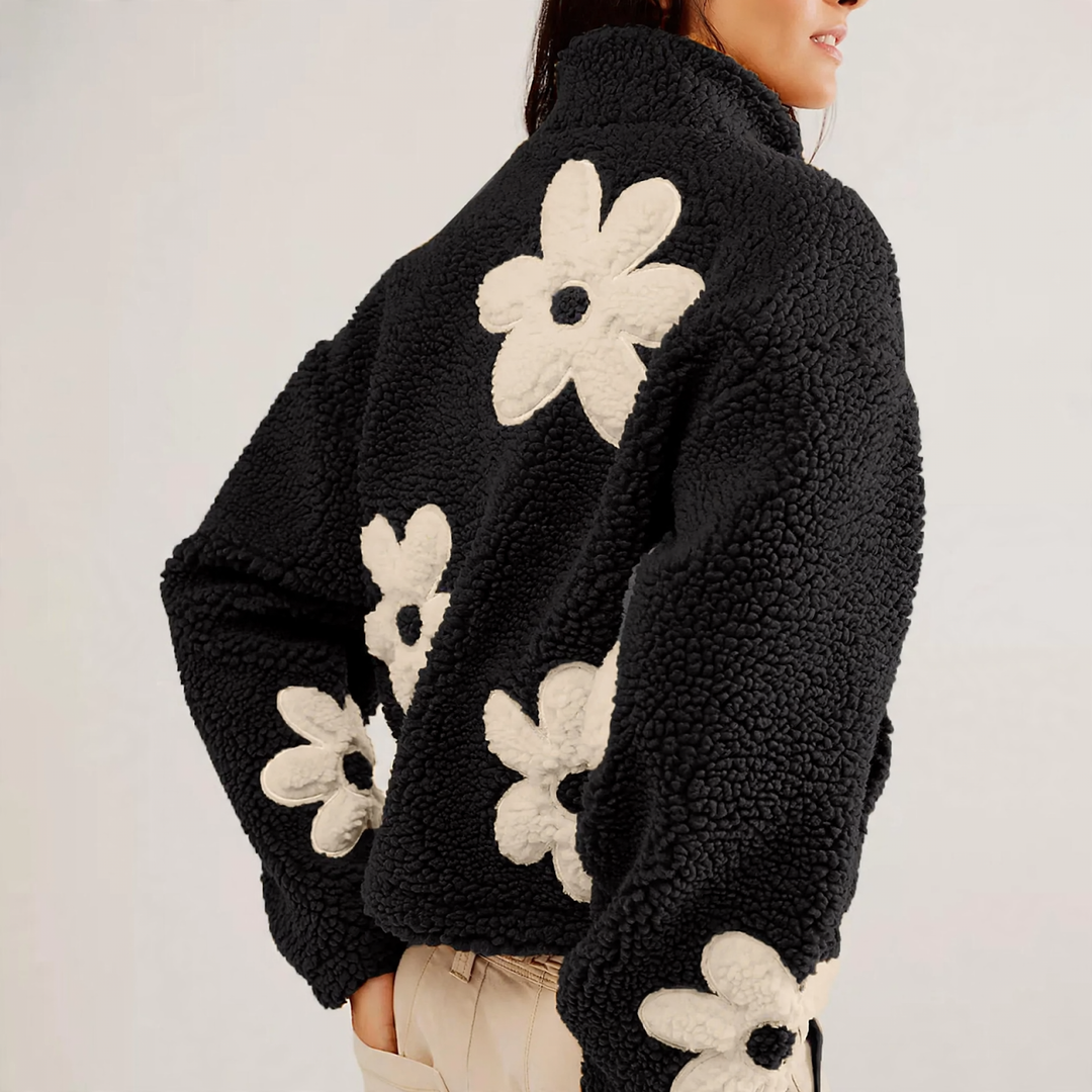 Faux fur cardigan with floral embroidery