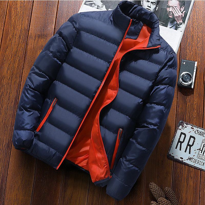 Padded men's quilted jacket with stand-up collar for outdoor activities