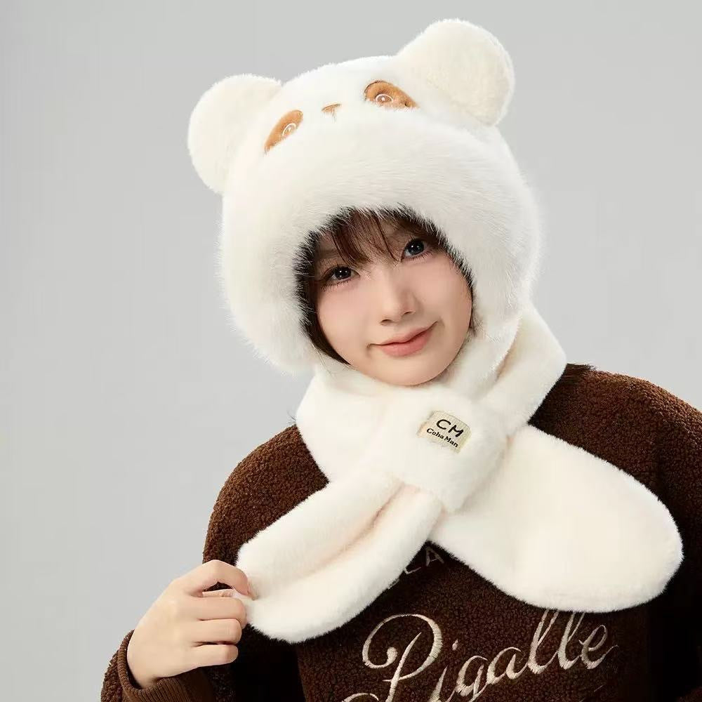 Plush hooded scarf with animal design, lined