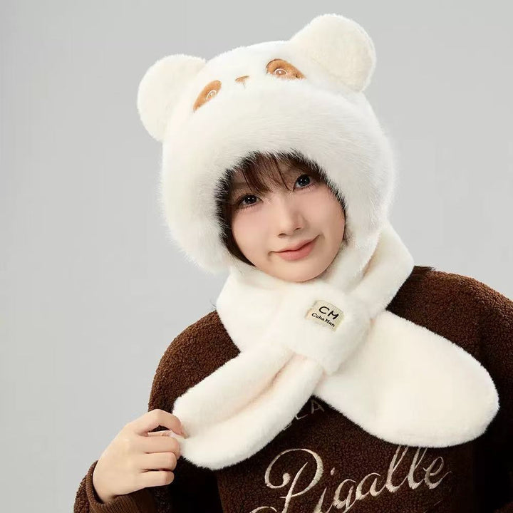 Plush hooded scarf with animal design, lined