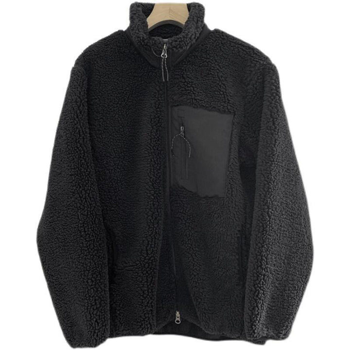 Lamb fleece jacket with stand-up collar and pockets