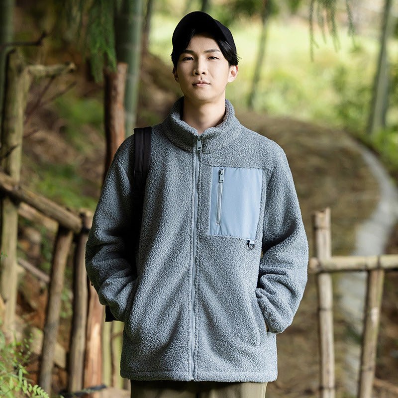 Unisex fleece jacket with stand-up collar and pockets