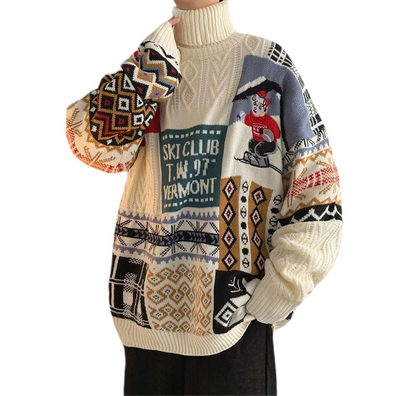 Men's knitted sweater with bear embroidery and stand-up collar