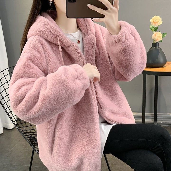 Women's lamb fleece coat with hood, mid-length