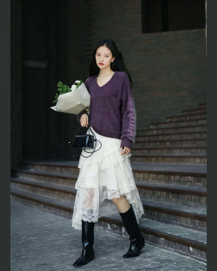 Women's knit sweater made of wool blend with V-neck