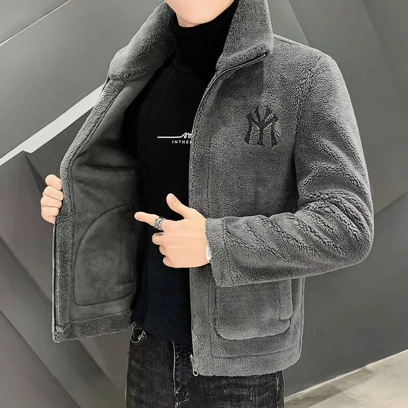 Men's jacket with lambskin look, padded, stand-up collar
