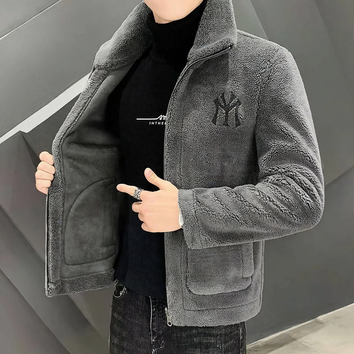 Men's jacket with lambskin look, padded, stand-up collar