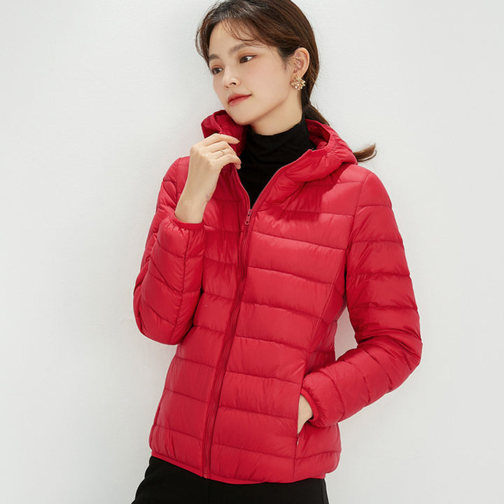 Light women's down jacket with stand-up collar