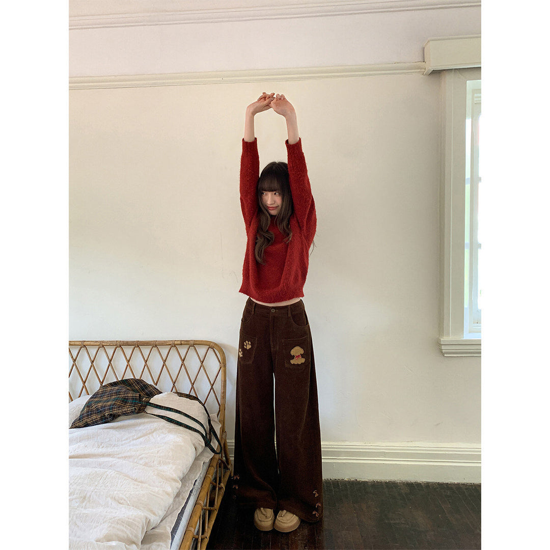 Kord-wide trousers with bear embroidery