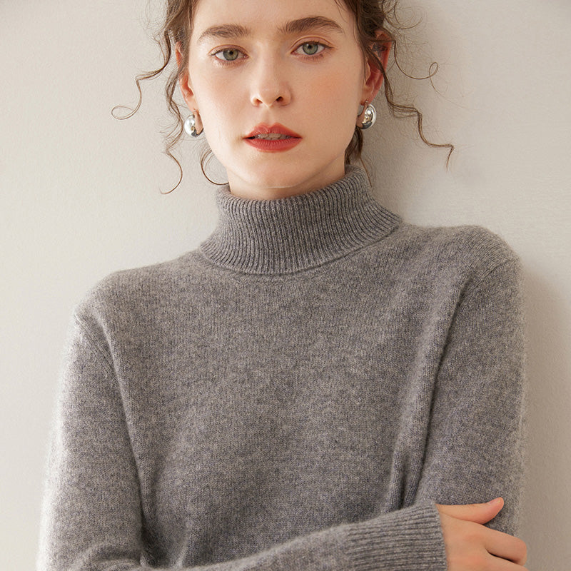 Women's cashmere sweater, high-neck, two-ply, knitted