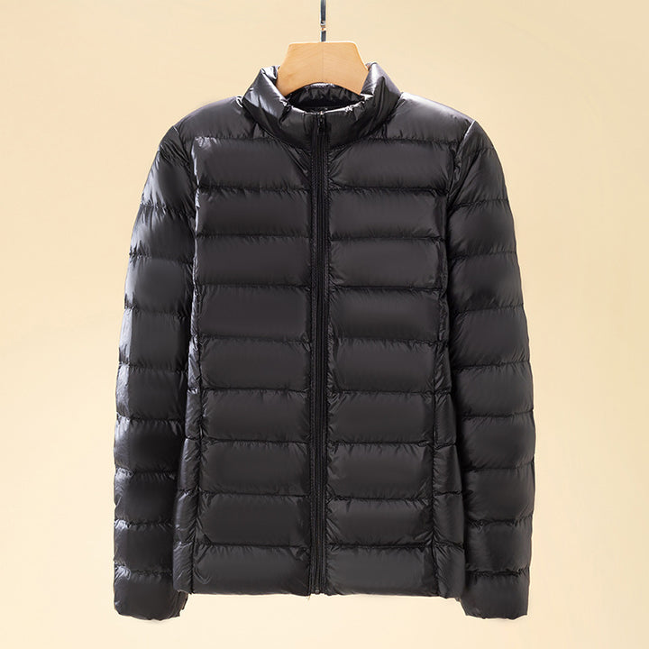 Short women's down jacket with standing collar