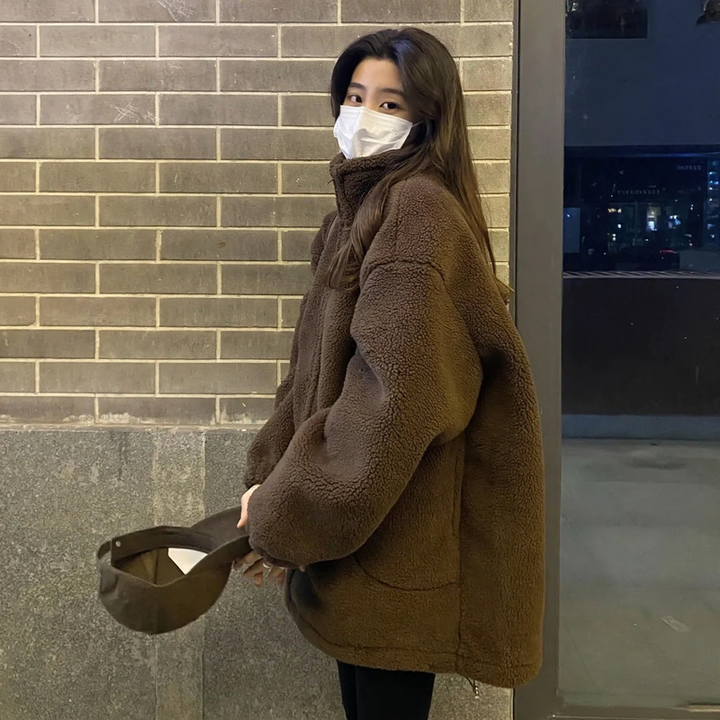 Casual lambskin look jacket with zipper