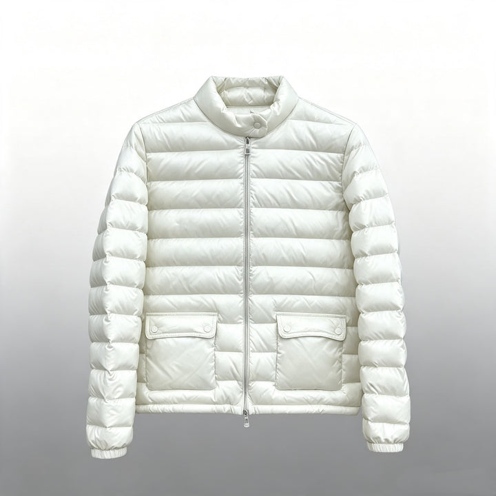 Light women's down jacket, stand-up collar, white goose down